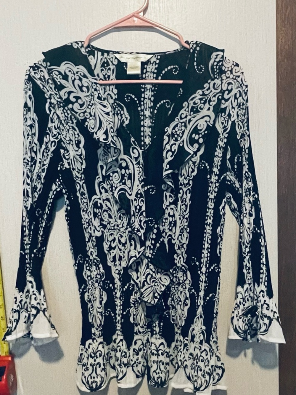 New York City Design Co. Black & White Paisley Print Ruffle Blouse